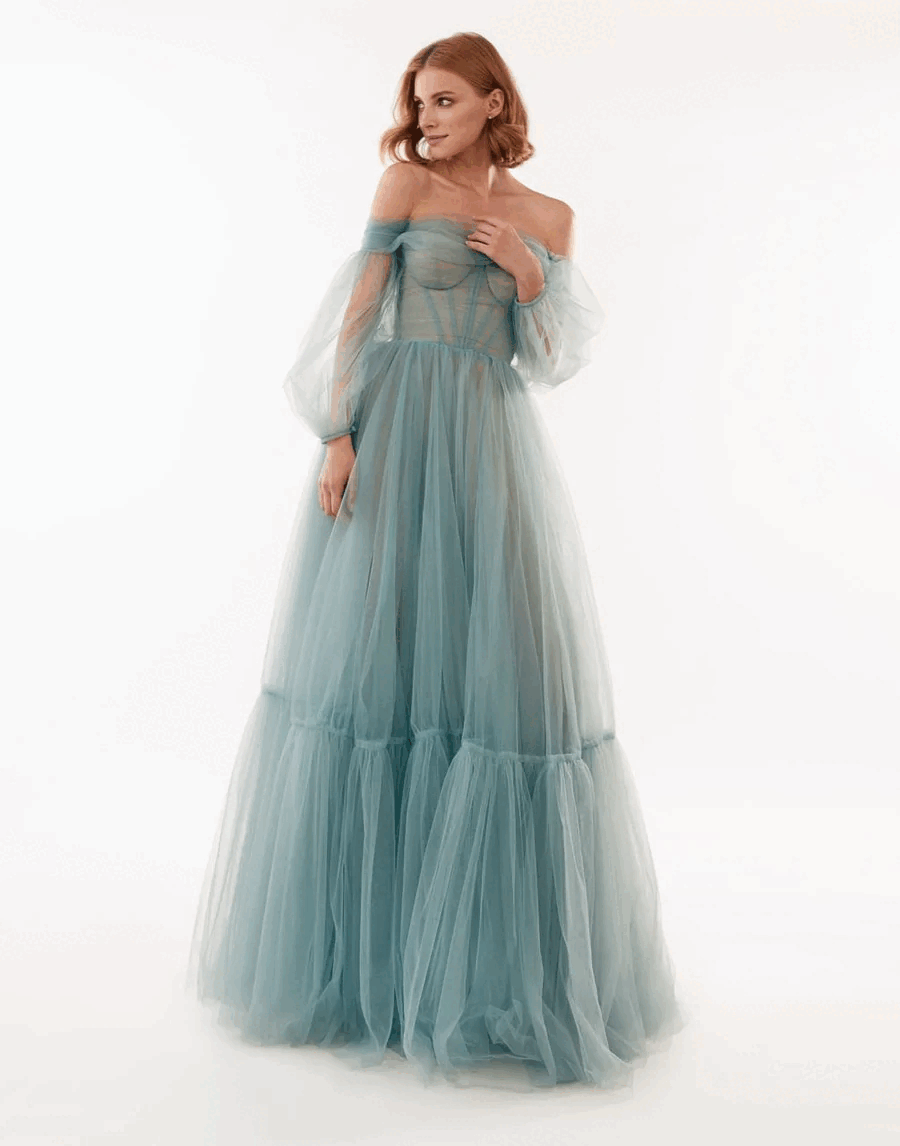 Misty Rose Sheer Sleeves Maxi Tulle Dress