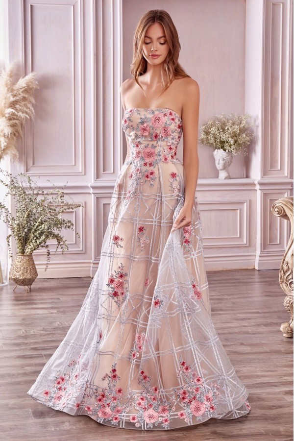 Strapless Sweetheart Floral Embroidered A-Line Gown