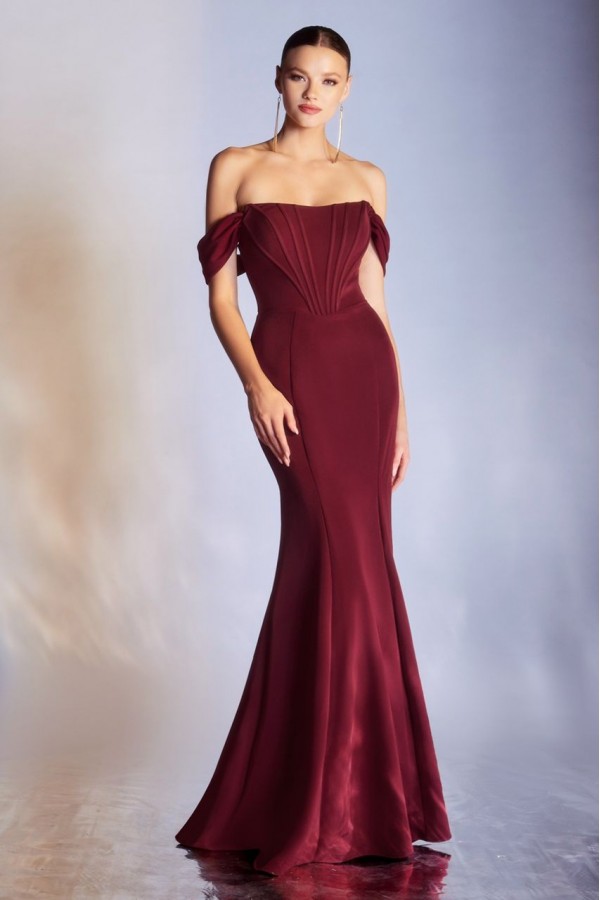 Strapless Structured Evening Gown With Corseted Style Lines And Removable Draped Sleeves