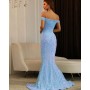 Baby Blue Off Shoulder Split Thigh Sequin Prom Dress