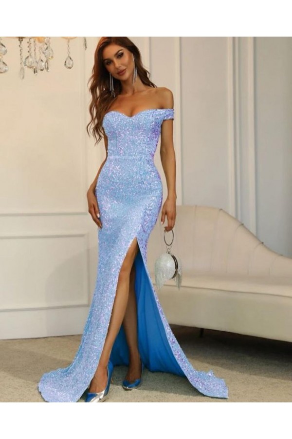Baby Blue Off Shoulder Split Thigh Sequin Prom Dress