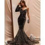 Asymmetrical Neck Sequin Prom Gown