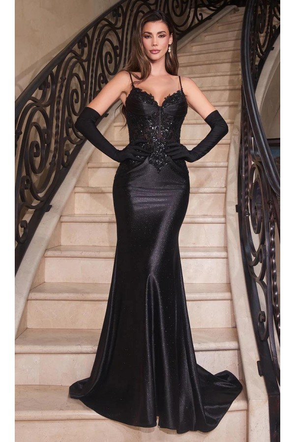 Fitted Glitter & Lace Stretch Satin Gown