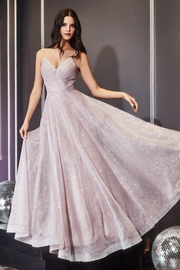 A-line Glitter Gown with V-Neckline and Open V Back