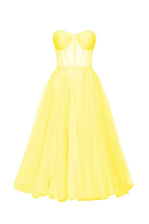 Yellow Strapless Puffy Midi Tulle Dress